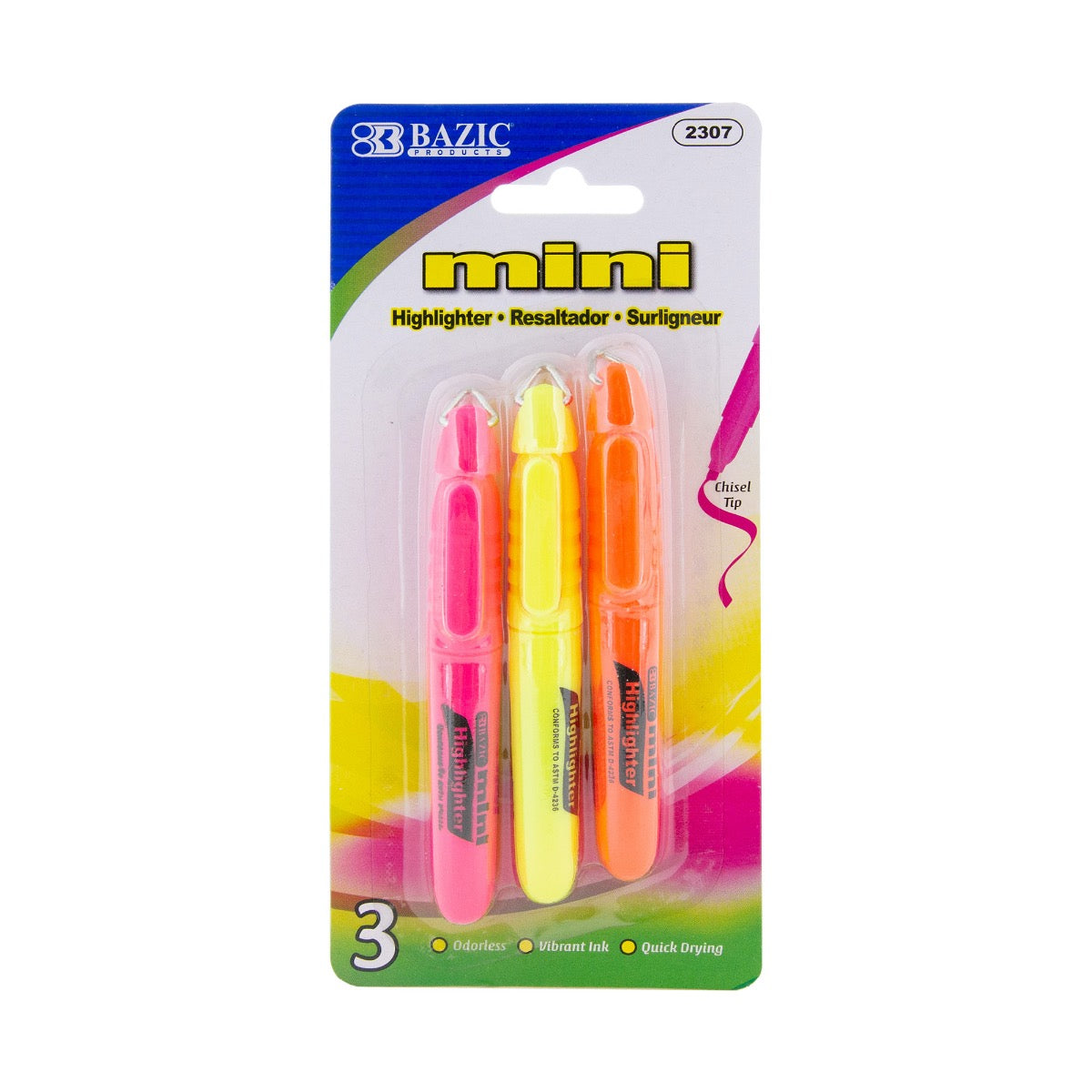 Mini Fluorescent Highlighter w/ Cap Clip (3/Pack)