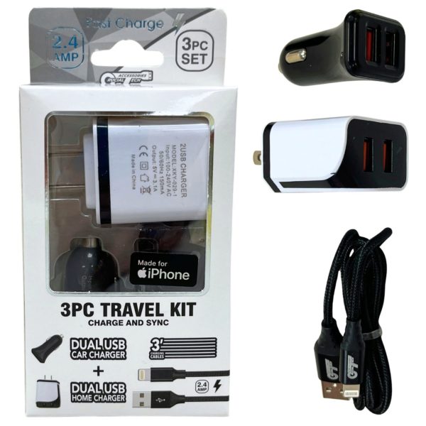 3 Pc Charge Kit 2.4A with 3 Foot MFI iPhone Lightning Cable with Home & Car Charger in White