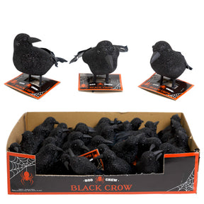 Crow Black Glitter W/feather Tail 3ast 5.5/6.8in 36pc Pdq Hlwn Tcd
