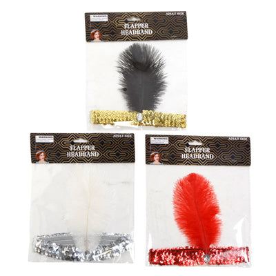 Flapper Headband W/sequin Elastic Band & Feather Red/black/white Pbh
