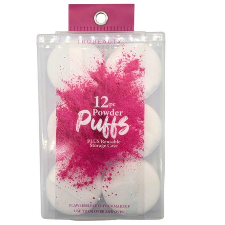 TruBeauty White 12pc Round Powder Puffs & Case