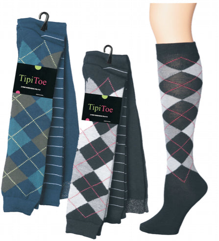 Women's Solid Knit Knee High Socks w/ Dress Argyle Patterns - Size 9-11 - 3-Pair Packs