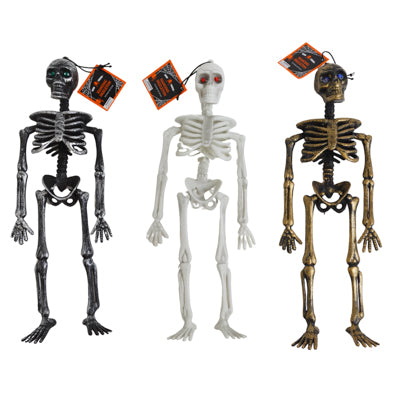 Skeleton 12.5in 3asst Finish W/gem Eyes Hlwn Hangtag Black Bungee Hanger