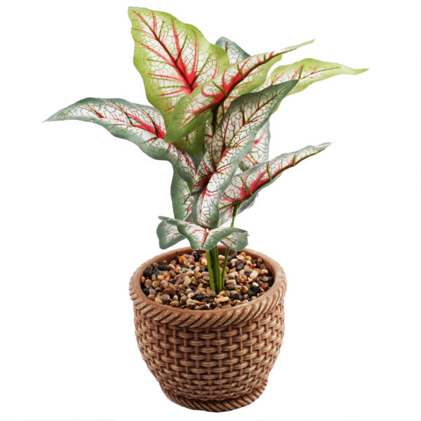 12.5" Faux Caladium Leafy Plant with Ceramic Base and Pebbles