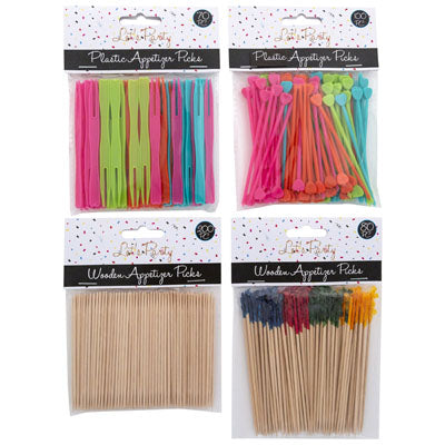 Party Pick 4asst Styles Plastic & Wood 70/80/100/200ct Ea/pbh On 12pc Merch Strip