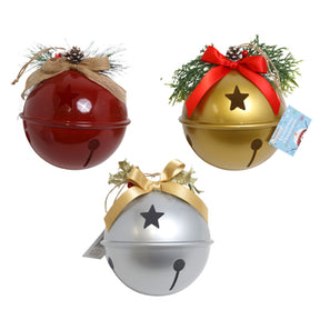 Giant Jingle Bell Plastic Ornament 5.63 X 6.13in W/greenery Trim Red/silver/gold Xmas Ht