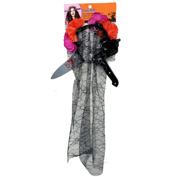 Flower and Skull Veil with Bloody Knife Headband