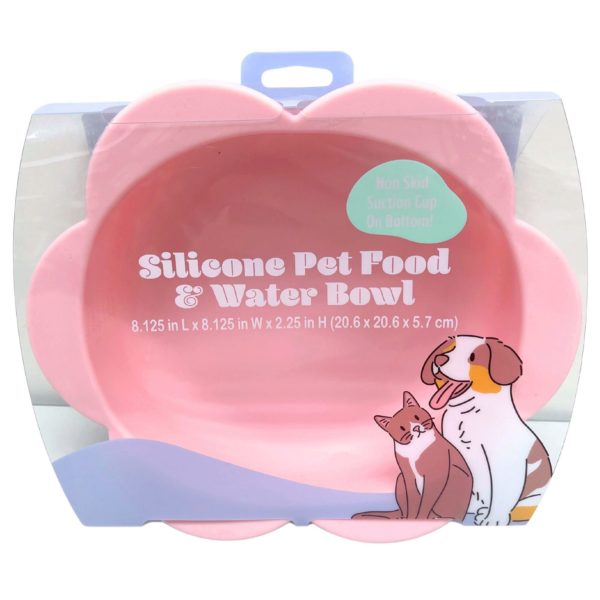 8" Silicone Floral Shaped Pet Food & Water Bowl with Non Skid Suction in Pink