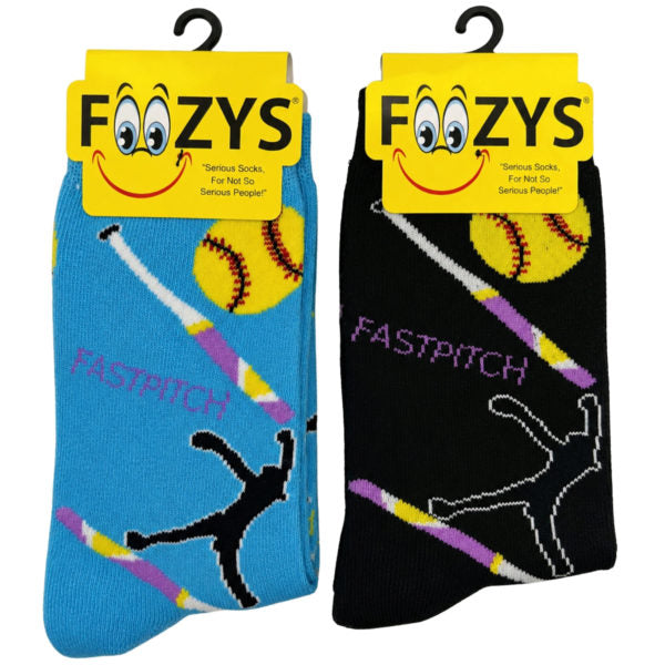 FOOZYS Crew Socks Assorted Black & Blue with Fastpitch Baseball Design Size 9-11