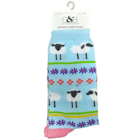 C&B 1 Pair Novelty Crew Socks Sheep Design Ladies Shoe Size 4-10