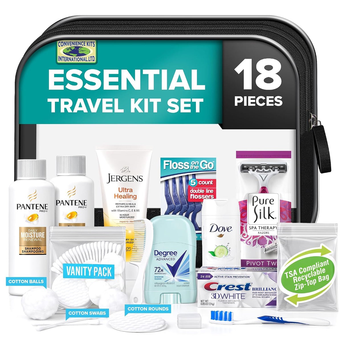 18 PC. Women's Premium Pantene & Dove Personal Care HygieneTravel Kit