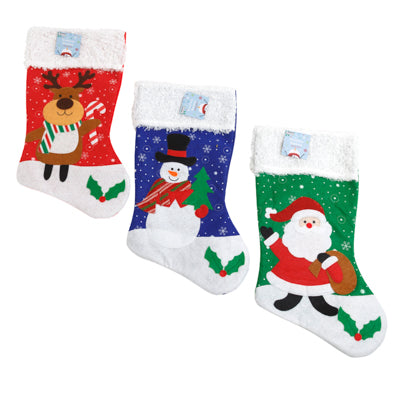 Stocking Christmas 3ast Embroidered 18in W/curly Plush Cuff Santa/reindeer/snowman Jhook/ht