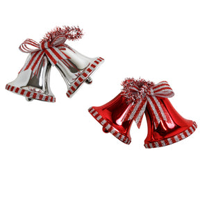 Bell Christmas Hanging Decor 6..5x6in Plastic W/tinsel Hanger And Bow Silver Or Red Xmas Label