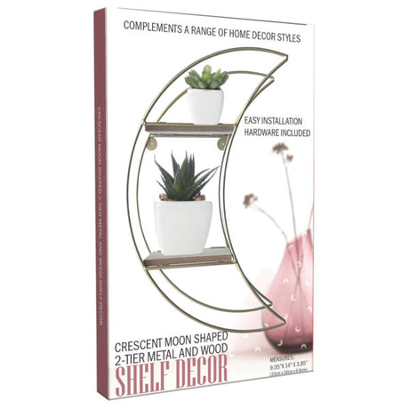 Crescent Moon Shaped 2-Tier Metal and Wood Shelf Decor