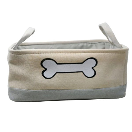 Winifred and Lily 16"x12" Khaki Two Tone Pet Storage Bin with White Bone Embroidery