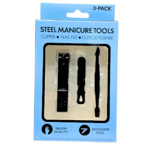 3 Piece Anodized Steel Black Finish Nail Care Set