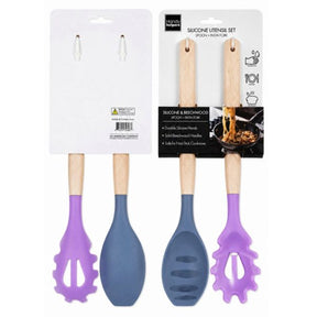 2 Piece Silicone and Beechwood Spoon and Pasta Server Utensil Set