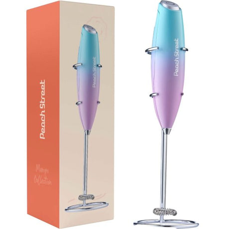 Peach Street Milk Frother with Stand in Teal and Pink