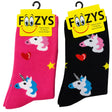 FOOZYS Crew Socks Assorted Black & Pink with Unicorn Design Size 9-11