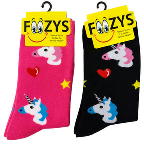 FOOZYS Crew Socks Assorted Black & Pink with Unicorn Design Size 9-11