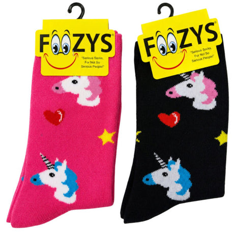 FOOZYS Crew Socks Assorted Black & Pink with Unicorn Design Size 9-11