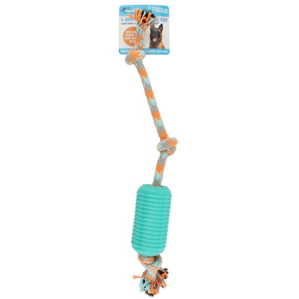 3-Knot Durable Rope Tug Dog Toy with Tough Rubber and Built In Squeaker