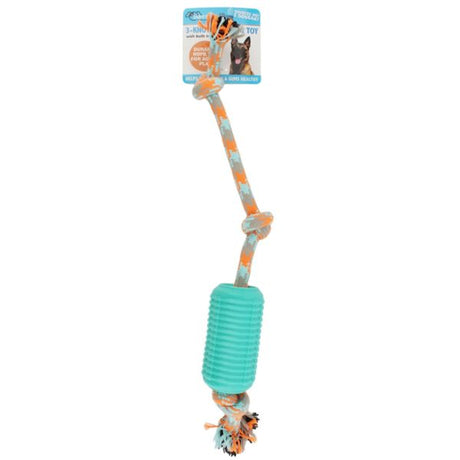 3-Knot Durable Rope Tug Dog Toy with Tough Rubber and Built In Squeaker