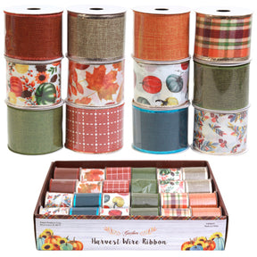 Ribbon Wire Harvest 2.5inx3yds 12 Assorted 2x24pc 6 Asst Per Counter Display