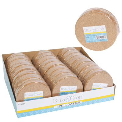 Coaster 4pk Cork 3.875in Dia X .25in Thick Shrink  W/ B &c Label In 24pc Pdq