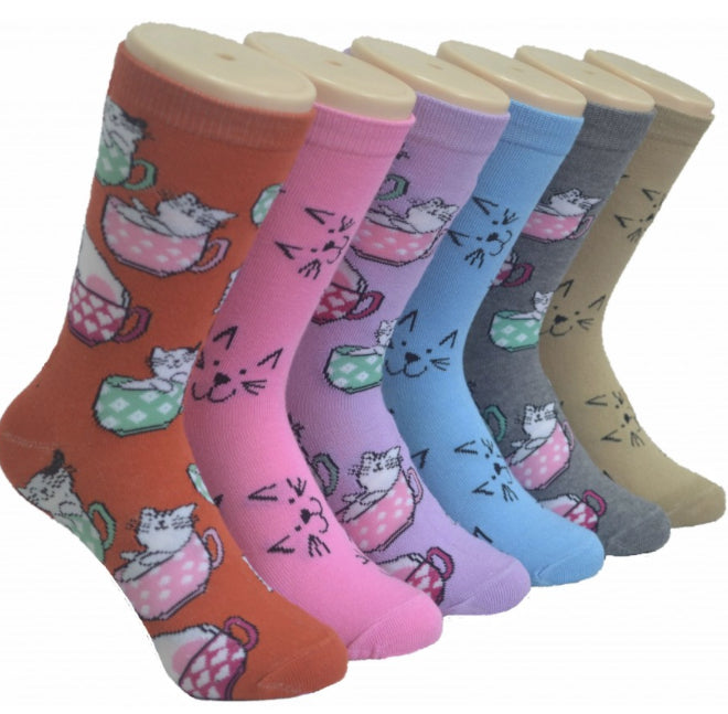 Women's Novelty Crew Socks - Kitty Cat Print - Size 9-11
