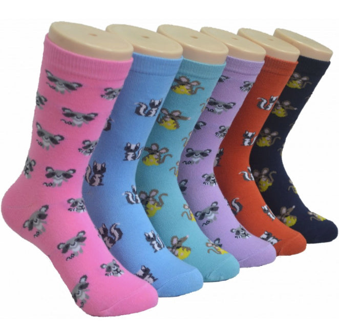 Women's Novelty Crew Socks - Mouse, Raccoon, & Skunk Print - Size 9-11