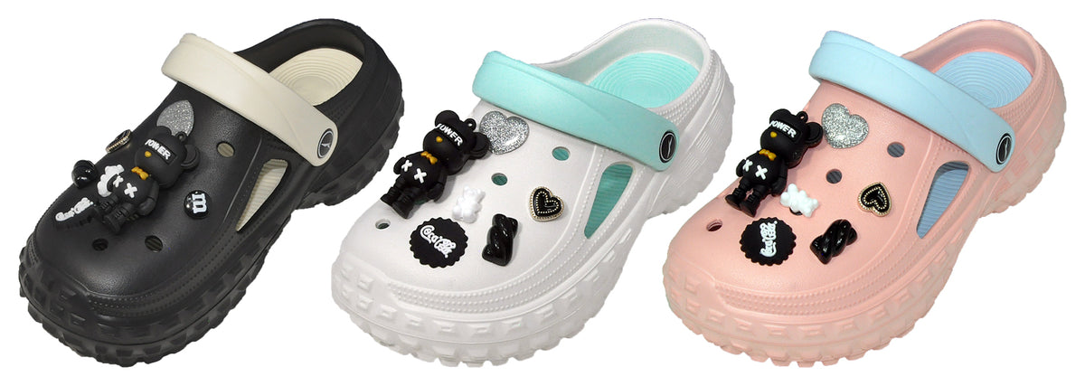 Women's Vented Bubble Clogs w/ Embroidered Charms & Adjustable Heel Strap
