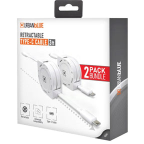 Urbanblue 2 Pack 3ft Retractable USB-C to USB-C Cable with Metal Casing in White