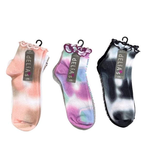 Delias Women's 3 Pack Assorted Colors Tie Dye Ankle Socks with Lettuce Edge Top