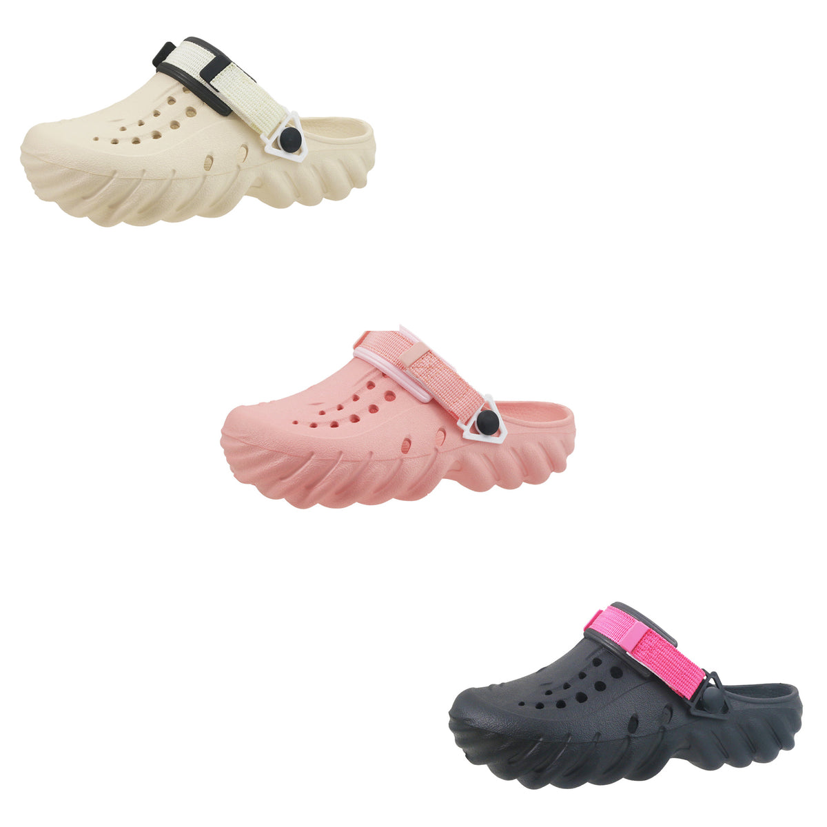 Women's Wedge Clogs w/ Velcro Strap & Embroidered Ribbed Wave - Choose Your Color(s) - Black