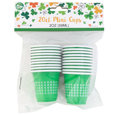 Cups Mini 20pk 2oz Green W/shamrock Print White Interior St Pat Opp/hdr