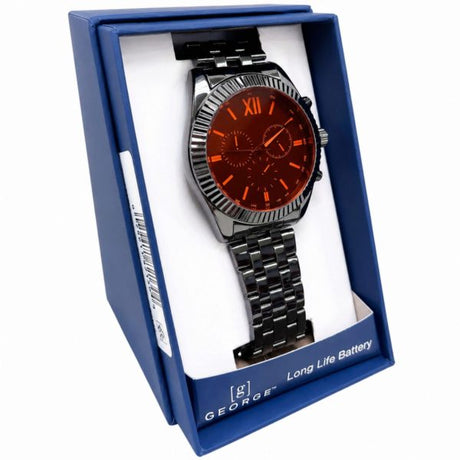 Black Chronograph Watch with Red Accents