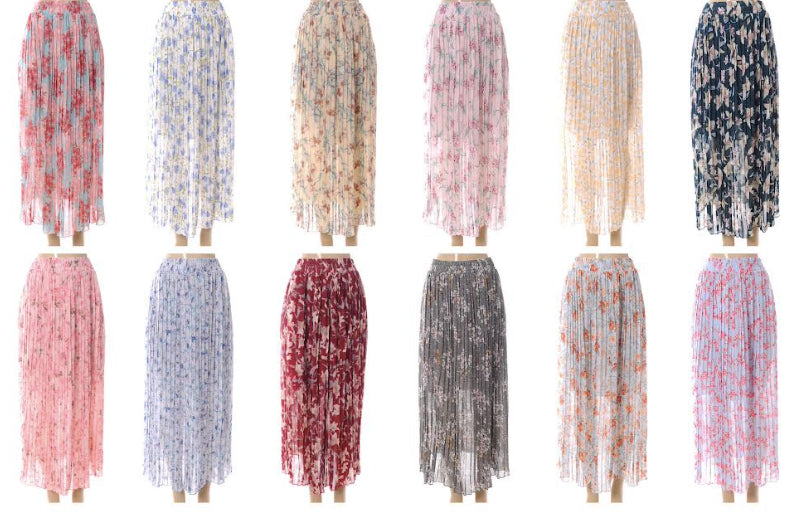 Women's Pleated Printed Maxi Skirts - Assorted Colors