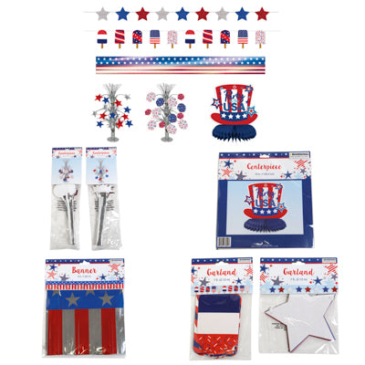 Patriotic Party Paper Decor 6ast 3 Banners/3 Centerpieces