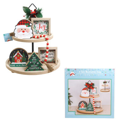 2-tier Tray Christmas Mdf/ Bottom 11.7dia -top 8.6in Dia 13.87in H/greenery Trim/color Boxed