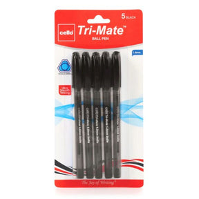 Cello 5 Pack 1.0mm Tri-mate Ballpoint Black Pens