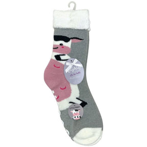 Legale 1 Pair Plush Socks Duo Layer Cow Design w/ Grip Grey One Size