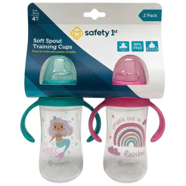 Safety First 2-Pack 9oz Printed Sippy Cups with Silicone Spout & Easy-Grip Handles in Aqua & Pink
