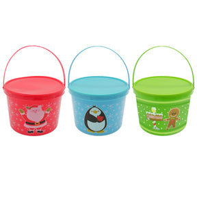 Cookie Bucket W/lid & Handle 3ast Santa/penguin/gingerbrd Prints 6.75 X 4.5in Upc Label