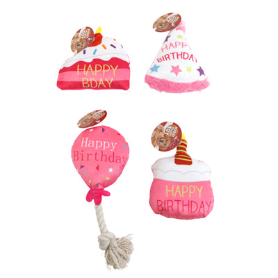 Dog Toy Plush Squeaker Happy Birthday Pink 4 Assorted In Pdq #p34935