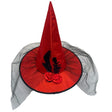 Red Witch Hat with Black Lace and Ribbon Flowers with Feathers