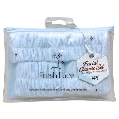 Fresh Face 3 Piece Fleece Facial Cleanse Headband and Wristband Set in Blue