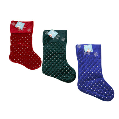 Stocking Velvet 16inx9in Quilted W/sequins & Embroidered Snowflake Cuff 3ast Wine/green/blue Jhook/ht