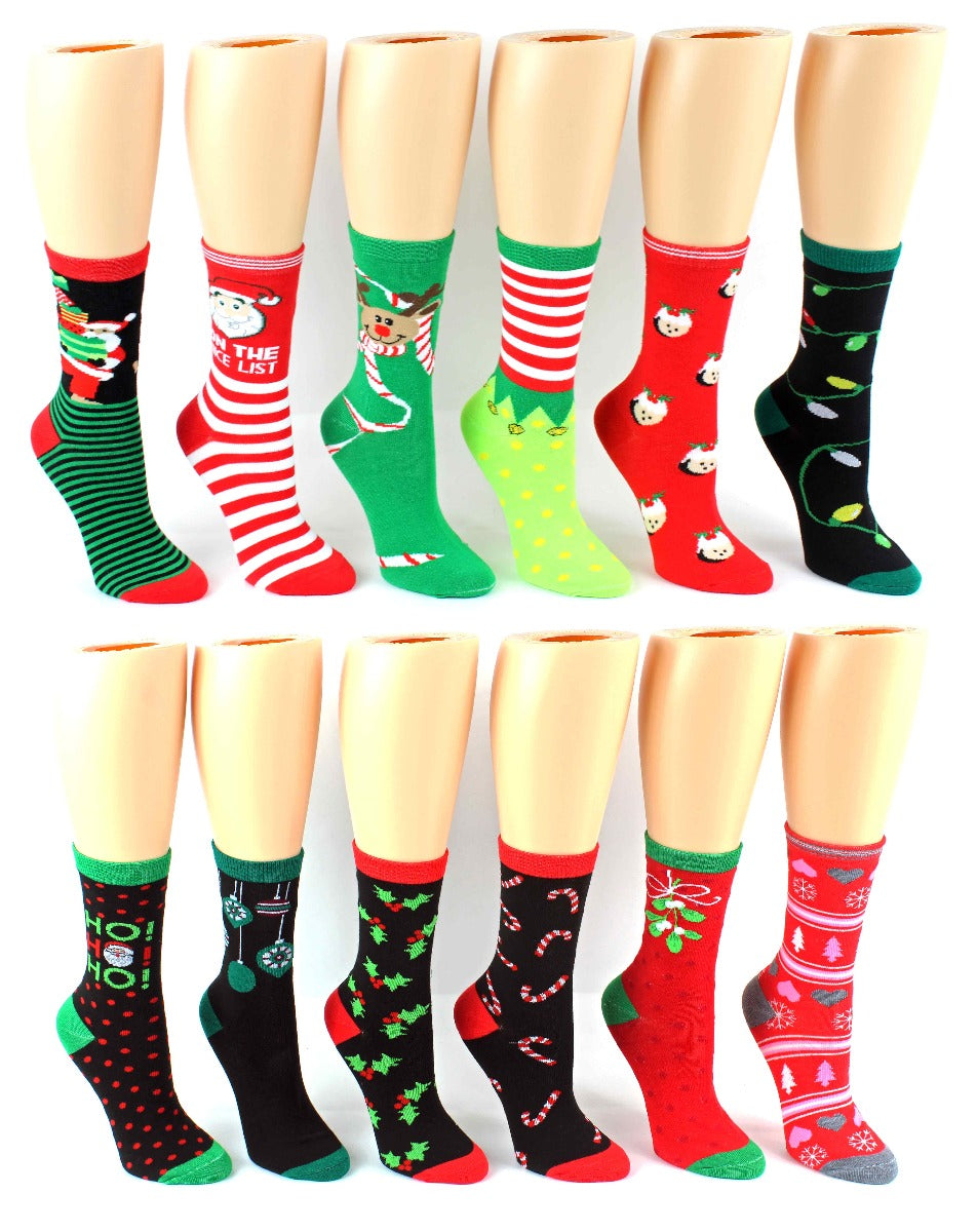 Women's Novelty Crew Socks- Christmas Prints - Size 9-11