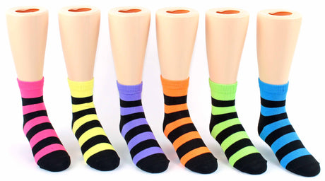 Kid's Novelty Crew Socks - Neon & Black Stripes - Size 4-6